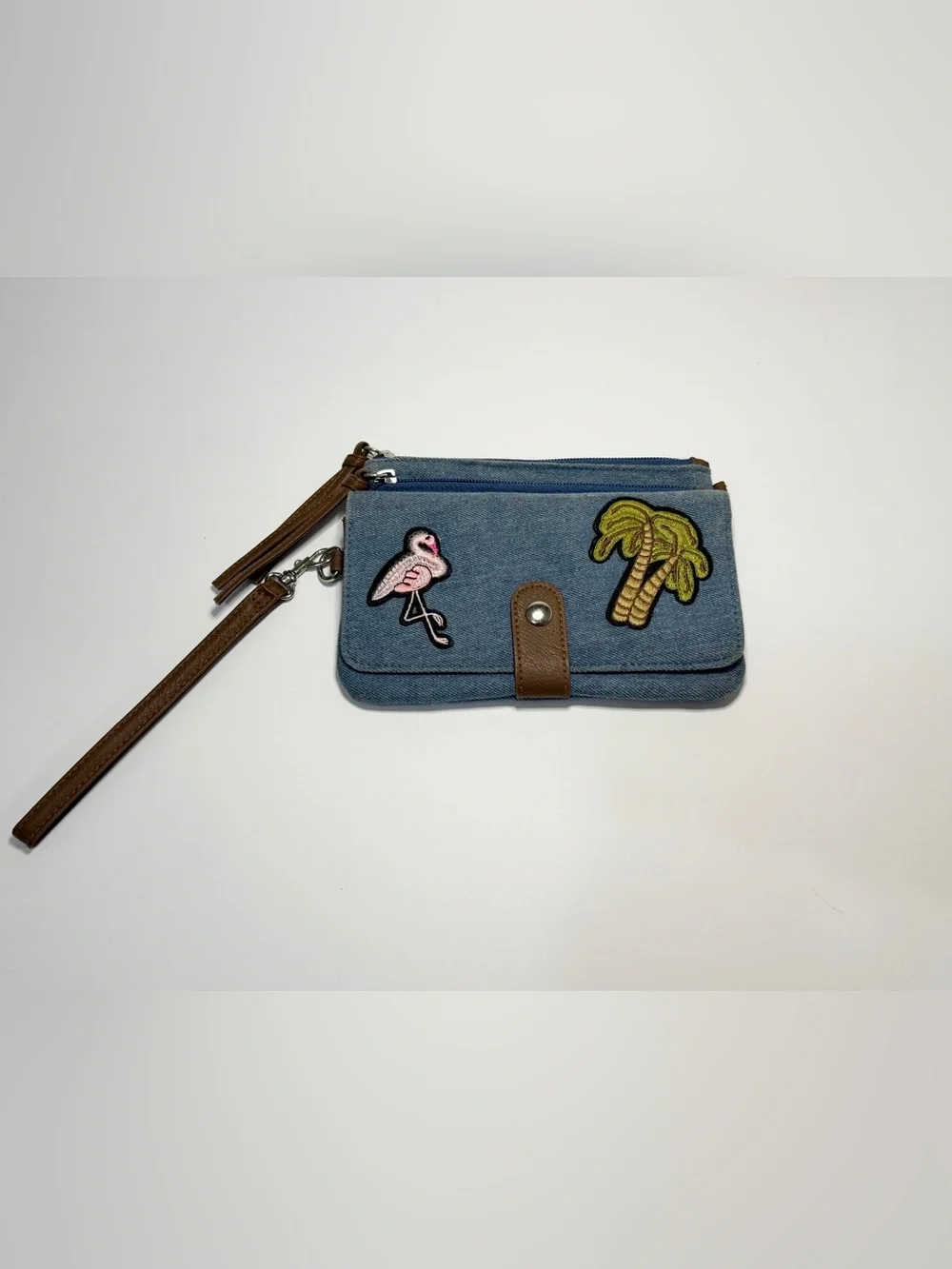 Denim Wristlet Wallet with Flamingo & Palm Patch